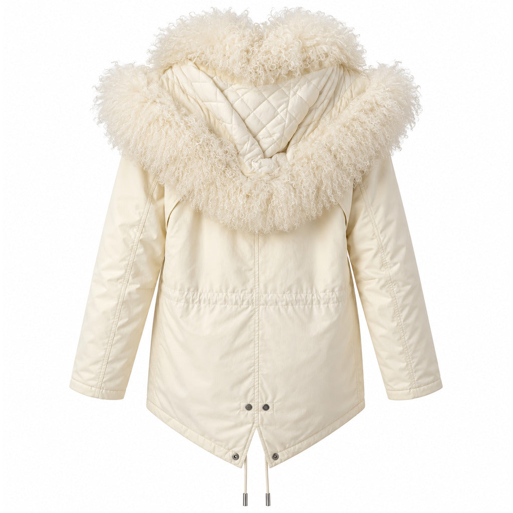 Hogan – Fur-Trimmed Hood Jacket in White – rear flat lay showing quilted hood lining