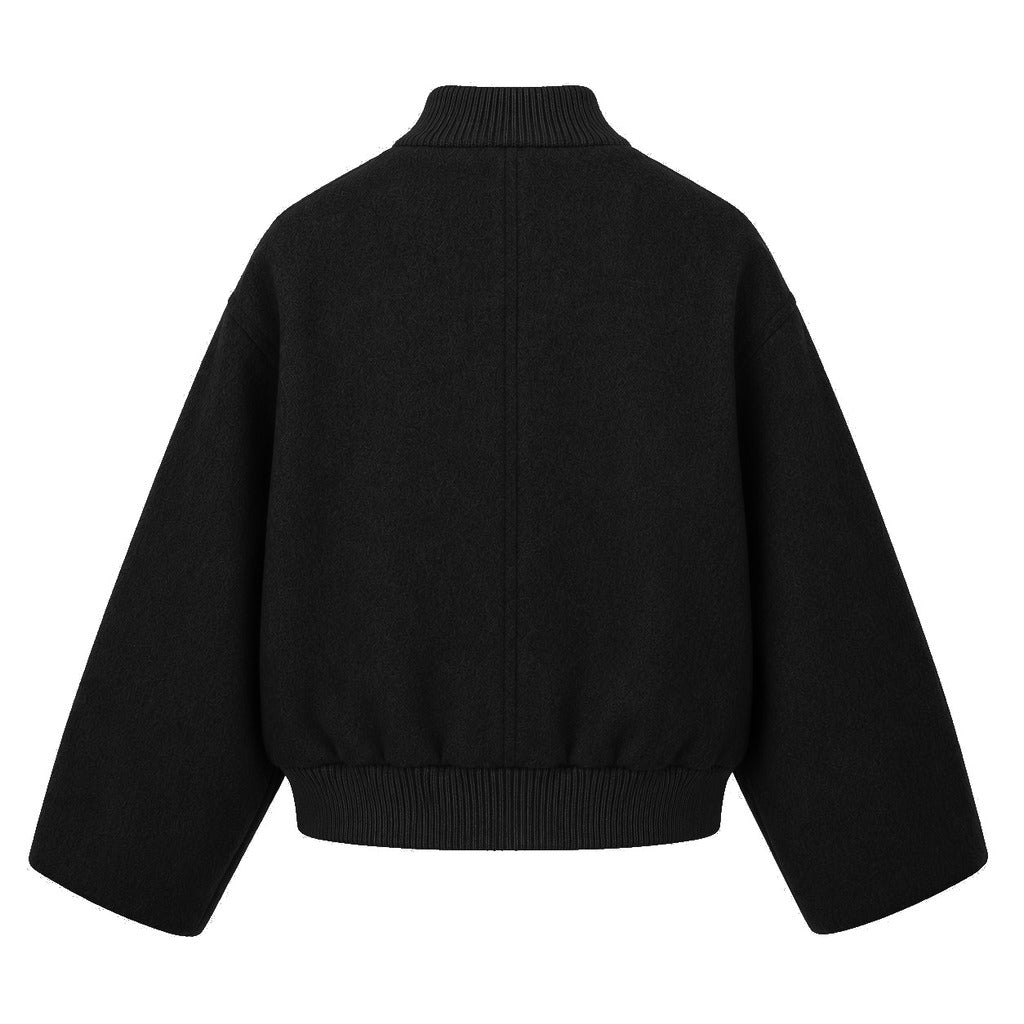 Loro Piana Tessuto – black wool bomber jacket – back view, flat packshot