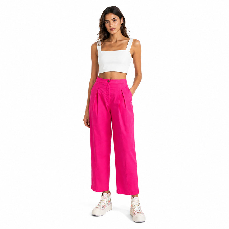 Pinko – fuchsia cotton trousers with wide legs – front view worn with white top
