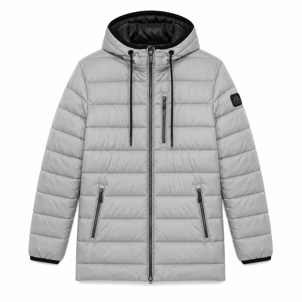 Moose Knuckles – grey hooded puffer jacket – front view, flat with black lining