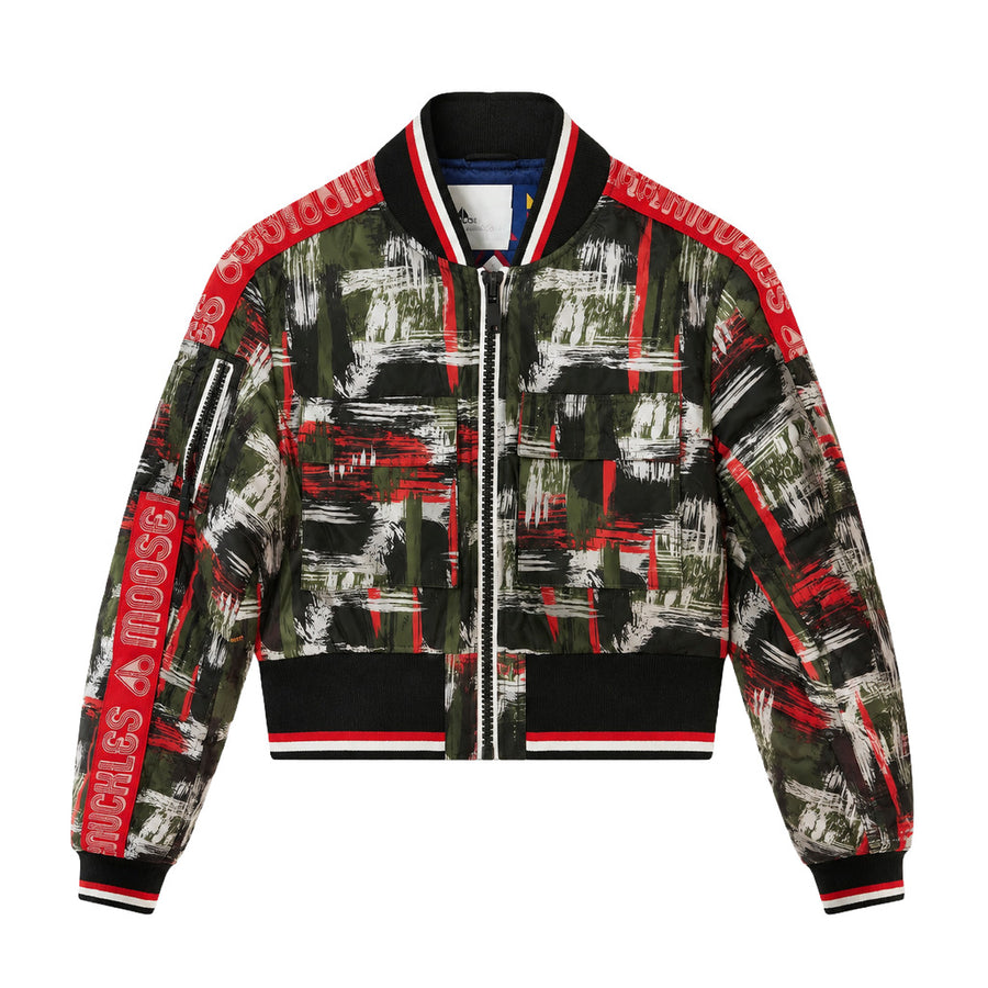 Moose Knuckles – LSDS cropped down jacket – front flat lay, abstract multicolour pattern