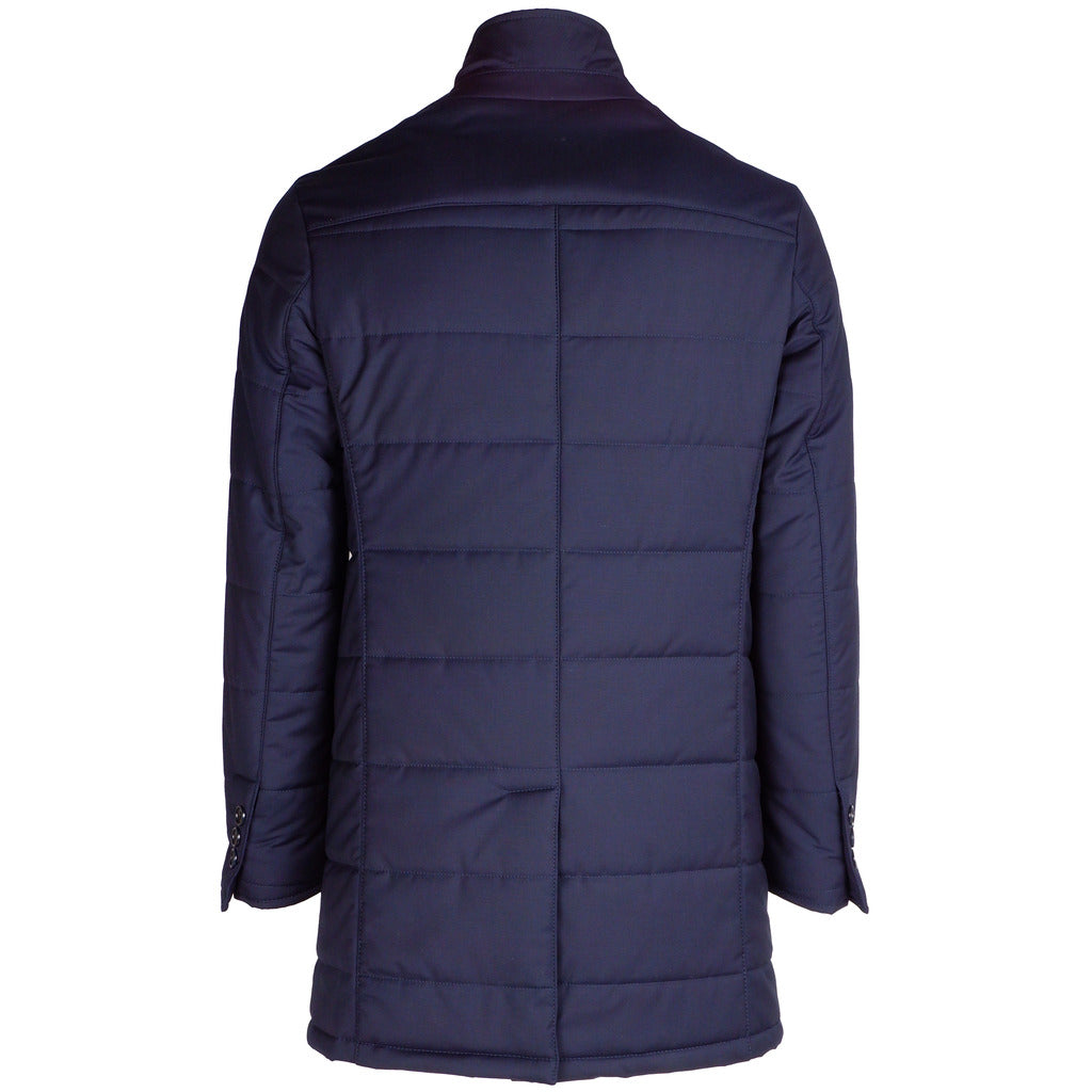 Loro Piana Tessuto – Tessuto Green Storm System Jacket – Back view showing quilted navy panels and raised collar