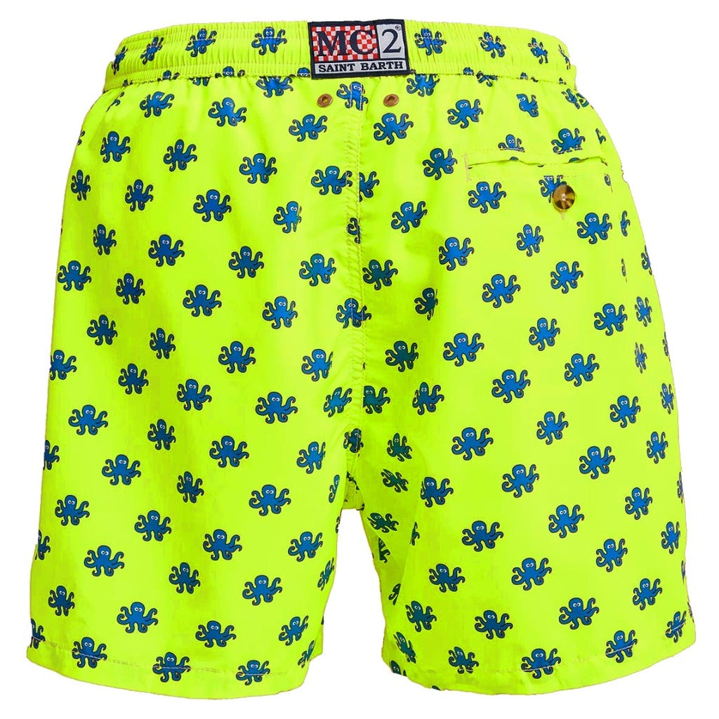 Mc2 Saint Barth – yellow octopus-print swim trunks – back view with label and pocket