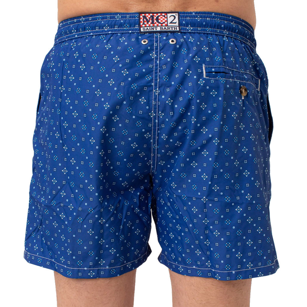 Mc2 Saint Barth – blue patterned swim trunks – back view with logo label and pocket