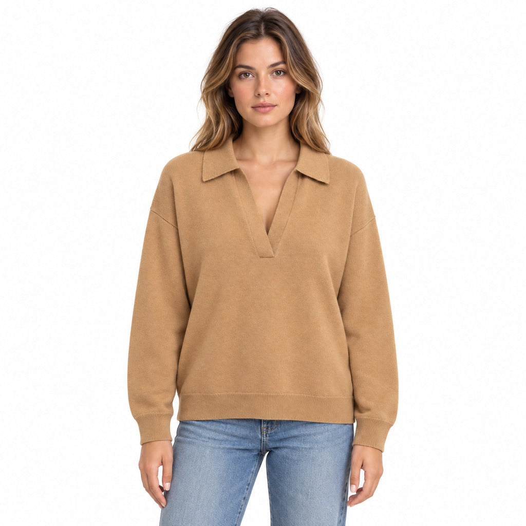 Anna Molinari – camel wool polo sweater – worn from front with blue jeans
