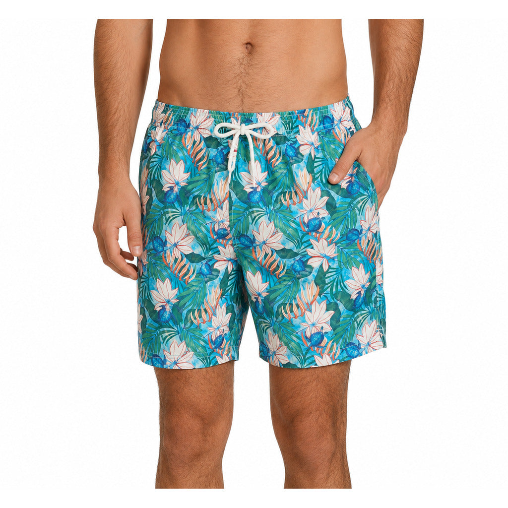 Yes Zee – turquoise floral-print polyester Bermuda shorts – front view worn by model