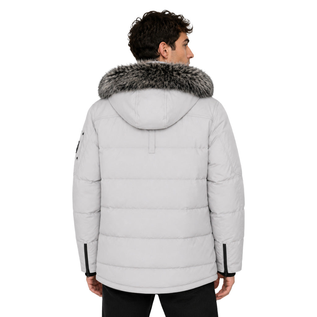 Moose Knuckles – gray Onyx Big Ridge hooded jacket – model wearing it from behind