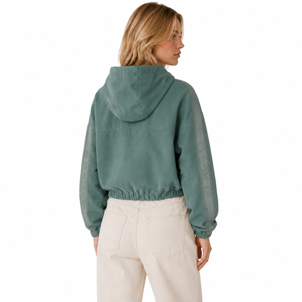 Parajumpers – green cotton hooded sweatshirt – back view showing sleeve stripes and hood