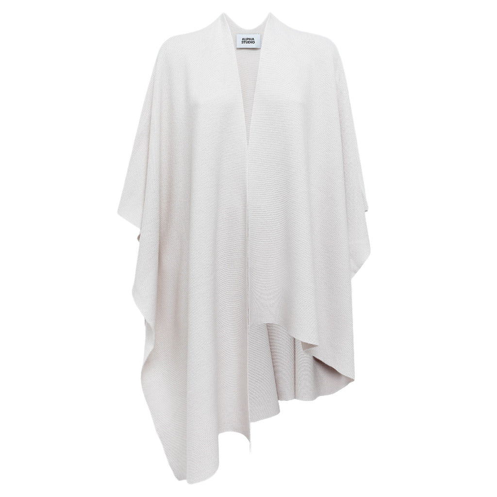 Alpha Studio – wool and cashmere white poncho – front packshot with asymmetrical hem