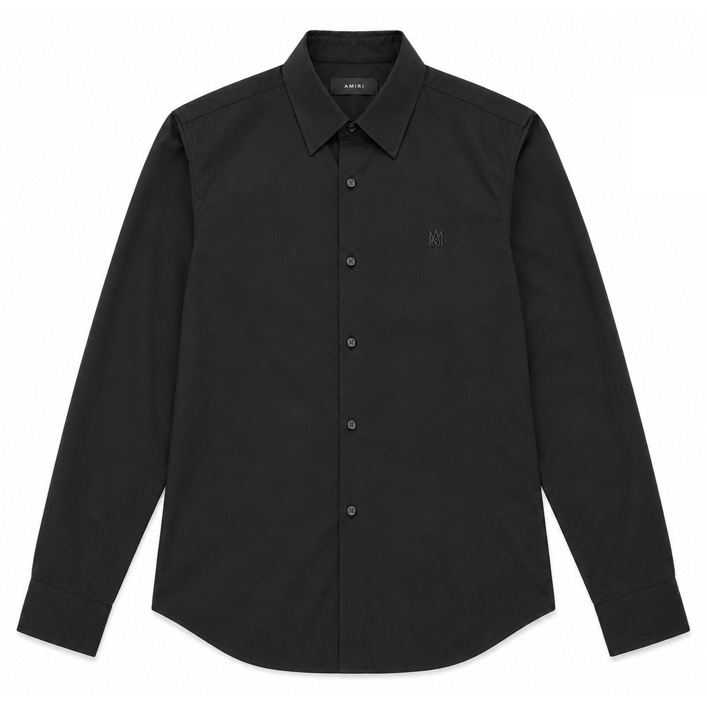 Amiri – black cotton shirt – front flat packshot with chest embroidery