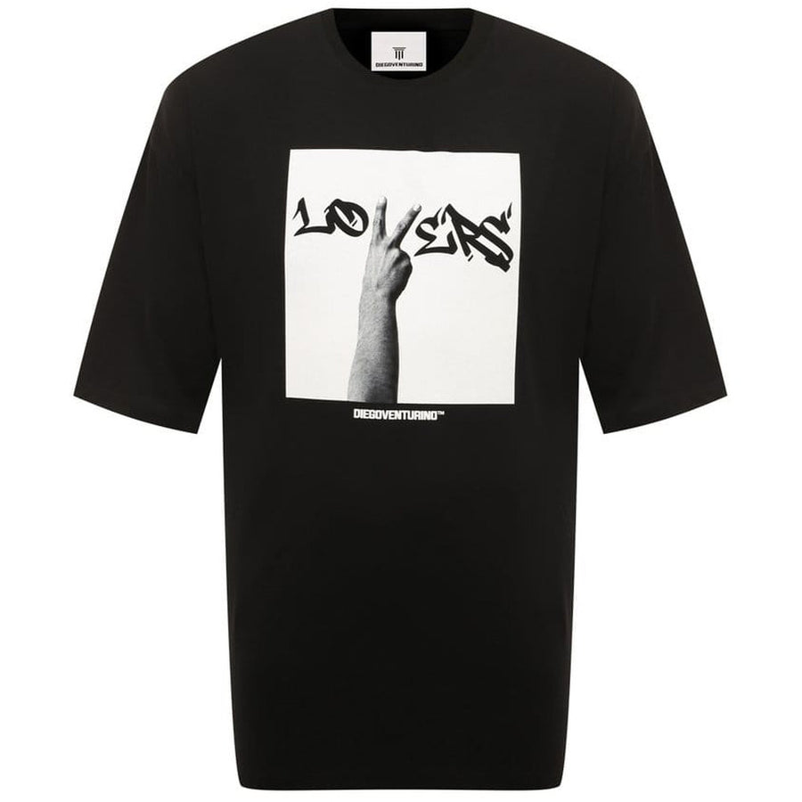 Diego Venturino – black printed cotton T-shirt – front packshot with graphic and neck label