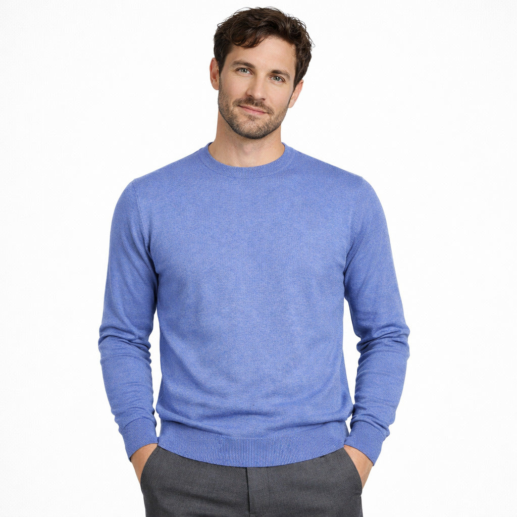 Emilio Romanelli – light blue cashmere crewneck sweater – model shown from the front