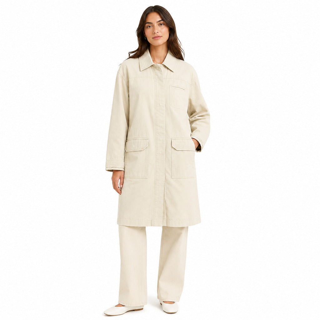 Parajumpers – Cilka cotton coat in beige – front-facing model wearing long coat with patch pockets