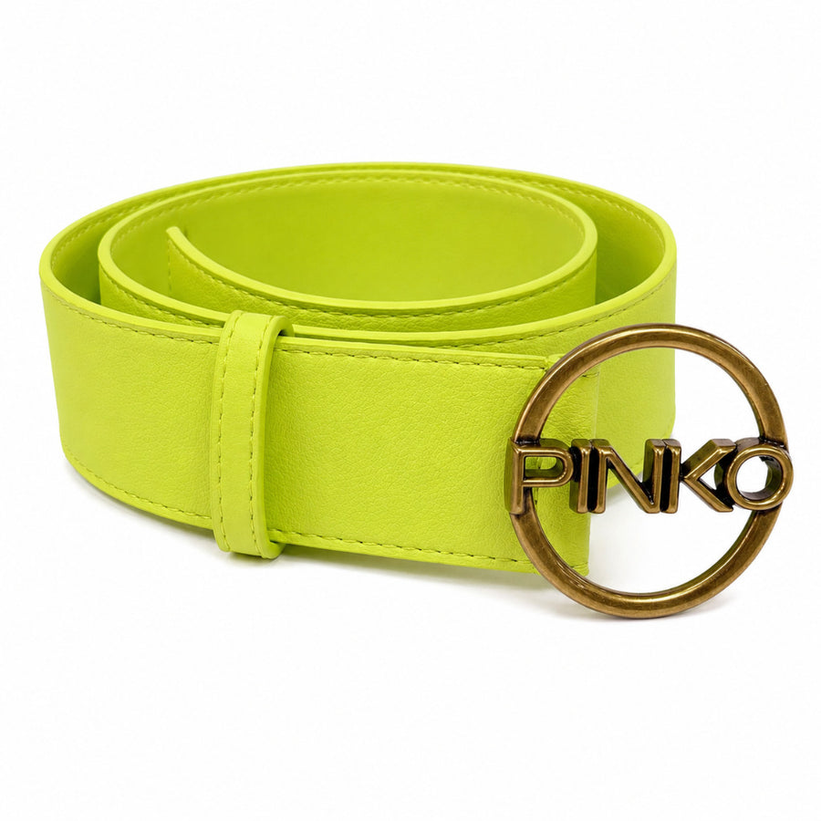 Pinko – lime green leather belt – coiled packshot with circular gold-tone logo buckle