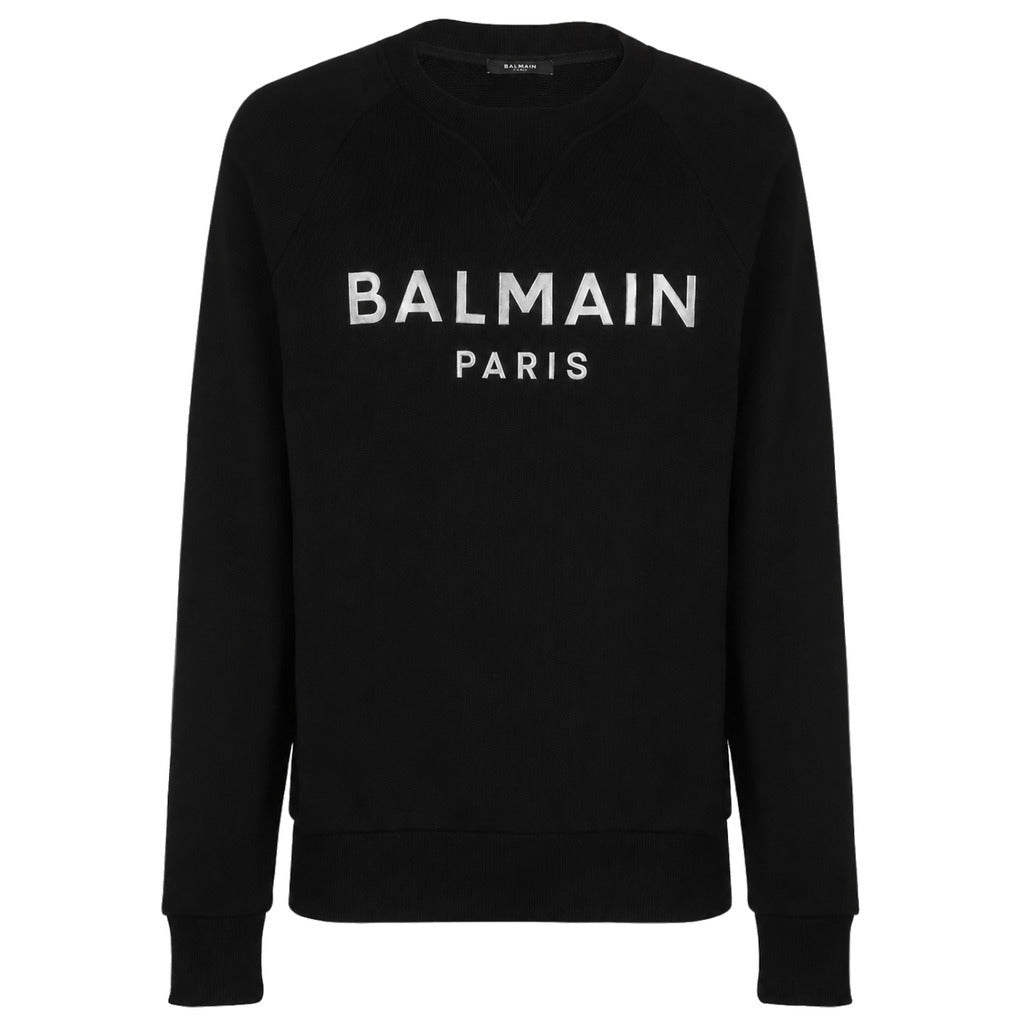 Balmain – black crewneck sweatshirt – front packshot with white chest lettering