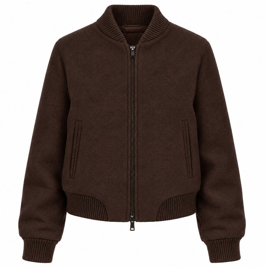 Loro Piana Tessuto – Capolavoro Bomber Jacket in Virgin Wool – Front view in dark brown with zip