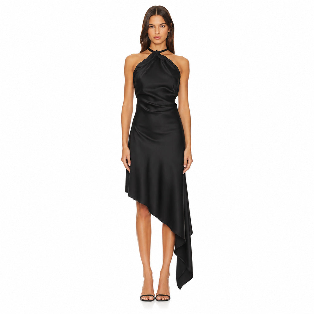 The Attico – black satin asymmetrical dress – front view with halter neckline and draped hem