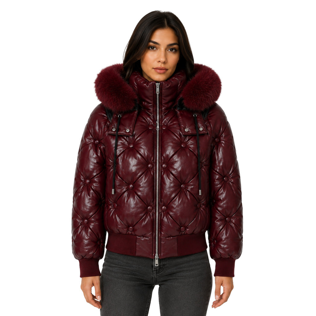 Moose Knuckles – purple padded jacket with fur-trimmed hood – model wearing it from front