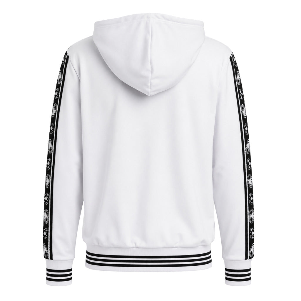 Moose Knuckles – Track Bomb white zip-up hooded sweatshirt – back studio packshot