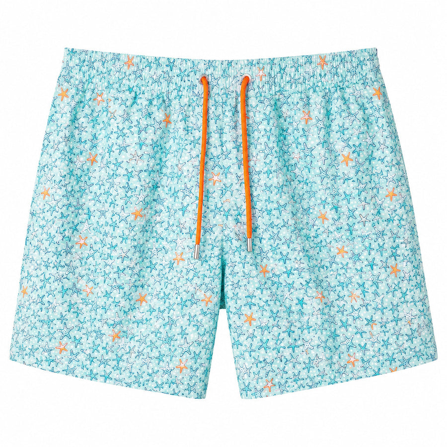 Mc2 Saint Barth – Micro Fantasy Hitode swim trunks, light blue – front flat view with orange drawstrings