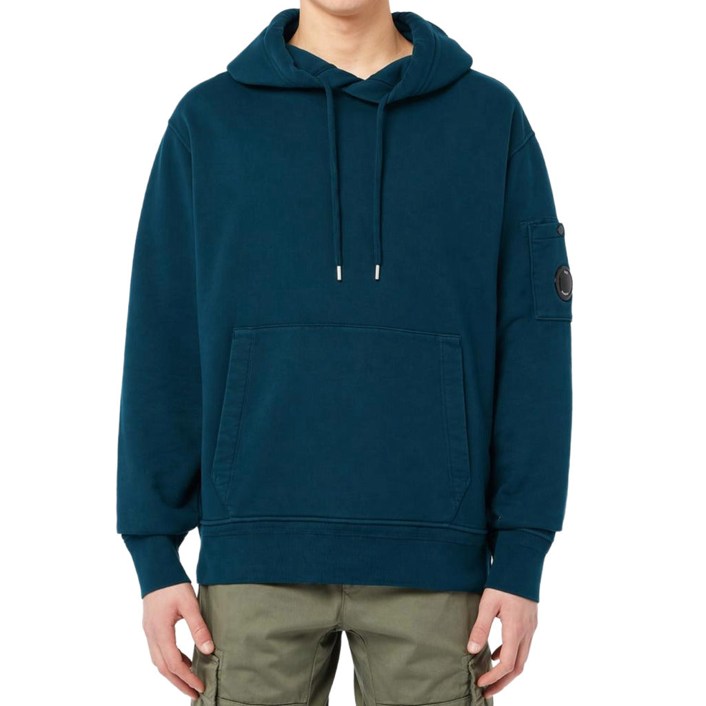 C.P. Company – blue Diagonal Goggles sweatshirt – front view with kangaroo pocket and sleeve badge