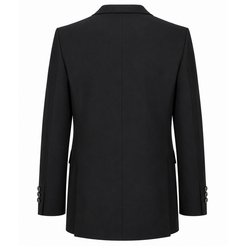 Balmain – black double-breasted formal jacket – back view showing plain panel and buttoned cuffs