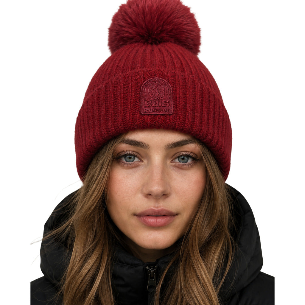 Parajumpers – red ribbed pom-pom beanie – worn close-up showing front label