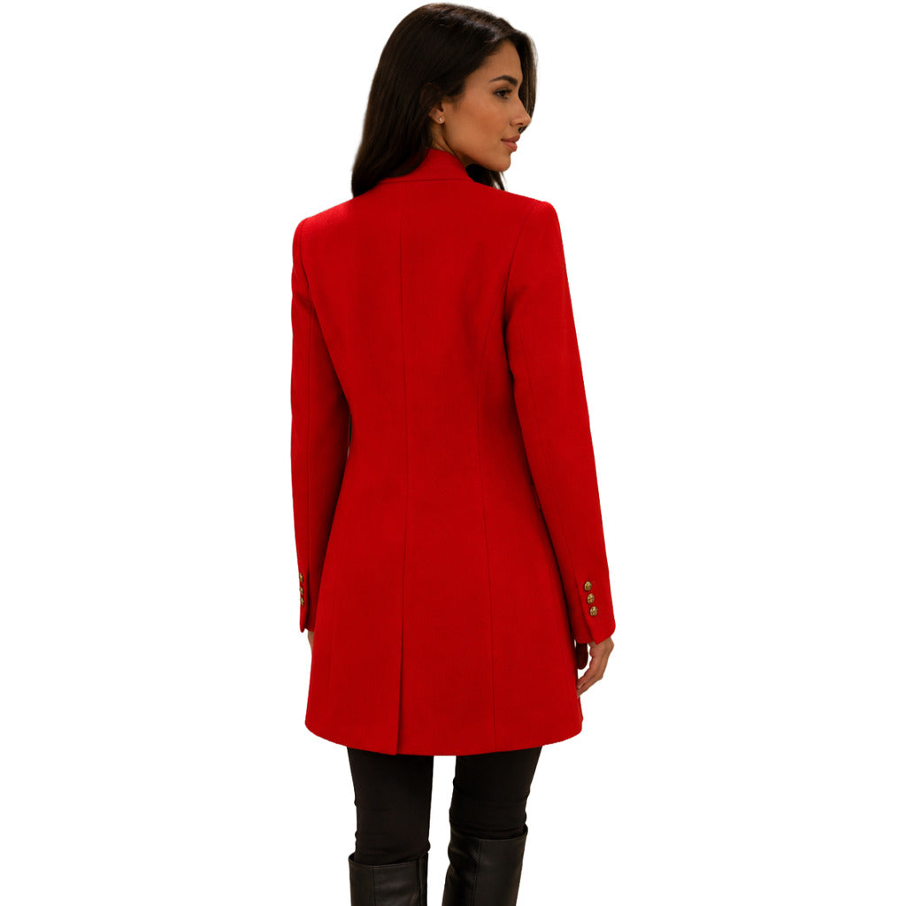 Balmain – red wool single-breasted coat – back view showing fitted seams and gold cuff buttons