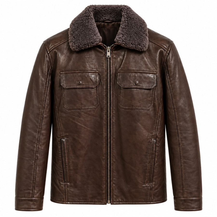 Emilio Romanelli – Leather Jacket with Fur Collar in Brown – front view showing zip and pockets