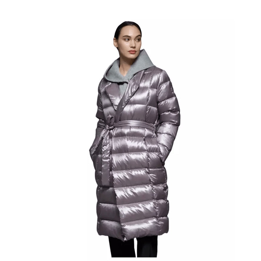 People Of Shibuya – Hi_pm839-920 Long Down Jacket – Front view in shiny grey with belt and hood