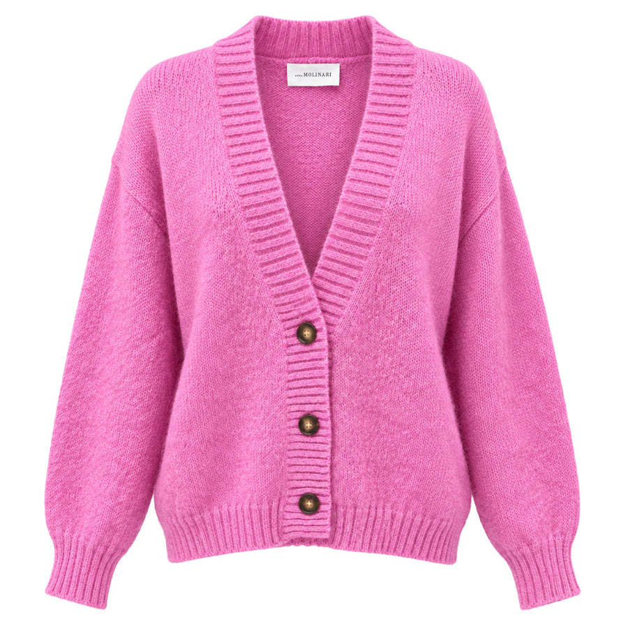 Anna Molinari – pink long-sleeve cardigan – front flat-lay with three buttons