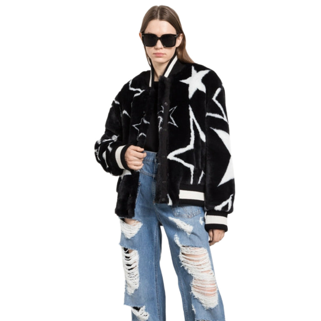 Dolce & Gabbana – Star Pattern black bomber jacket – worn open on model with sunglasses