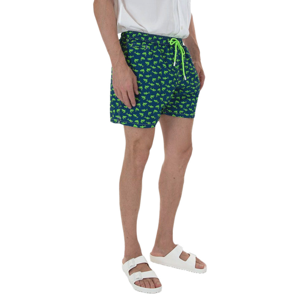 Mc2 Saint Barth – blue shark-print swim shorts – worn side view with bright drawstring