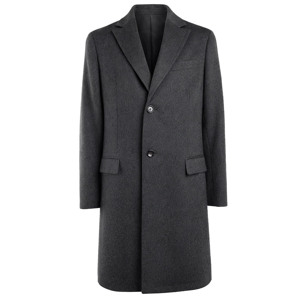 Loro Piana Tessuto – grey cashmere coat – front view with notched lapels and button fastening