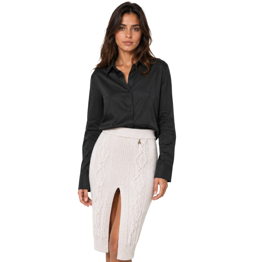 Patrizia Pepe – Eldorado white knitted midi skirt – front view with slit