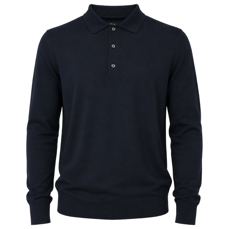 Alpha Studio – navy wool polo shirt – front view, flat packshot
