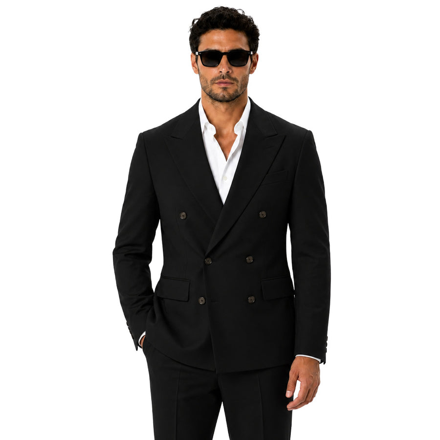 Dolce & Gabbana – black wool-blend double-breasted jacket – front view worn with sunglasses