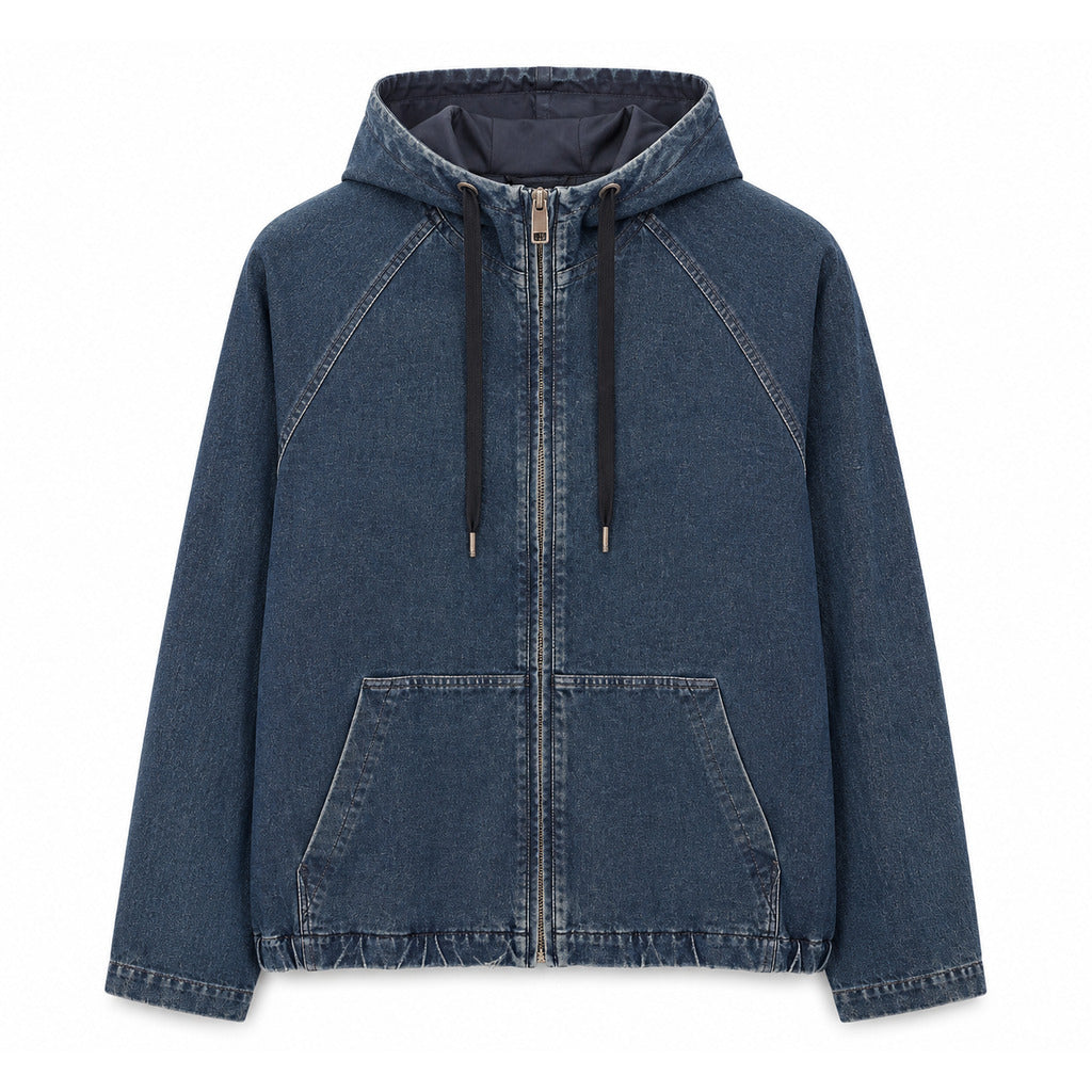 Dolce & Gabbana – blue denim hooded jacket – front packshot with zip and pouch pocket