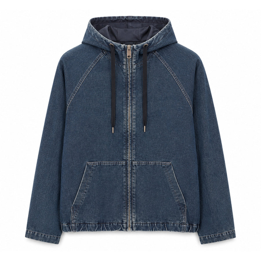 Dolce & Gabbana – blue denim hooded jacket – front packshot with zip and pouch pocket