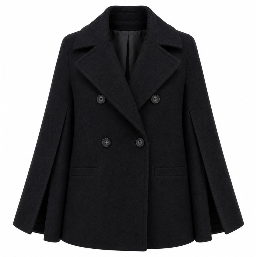Loro Piana Tessuto – black virgin wool kimono-style peacoat – front packshot with double-breasted buttons
