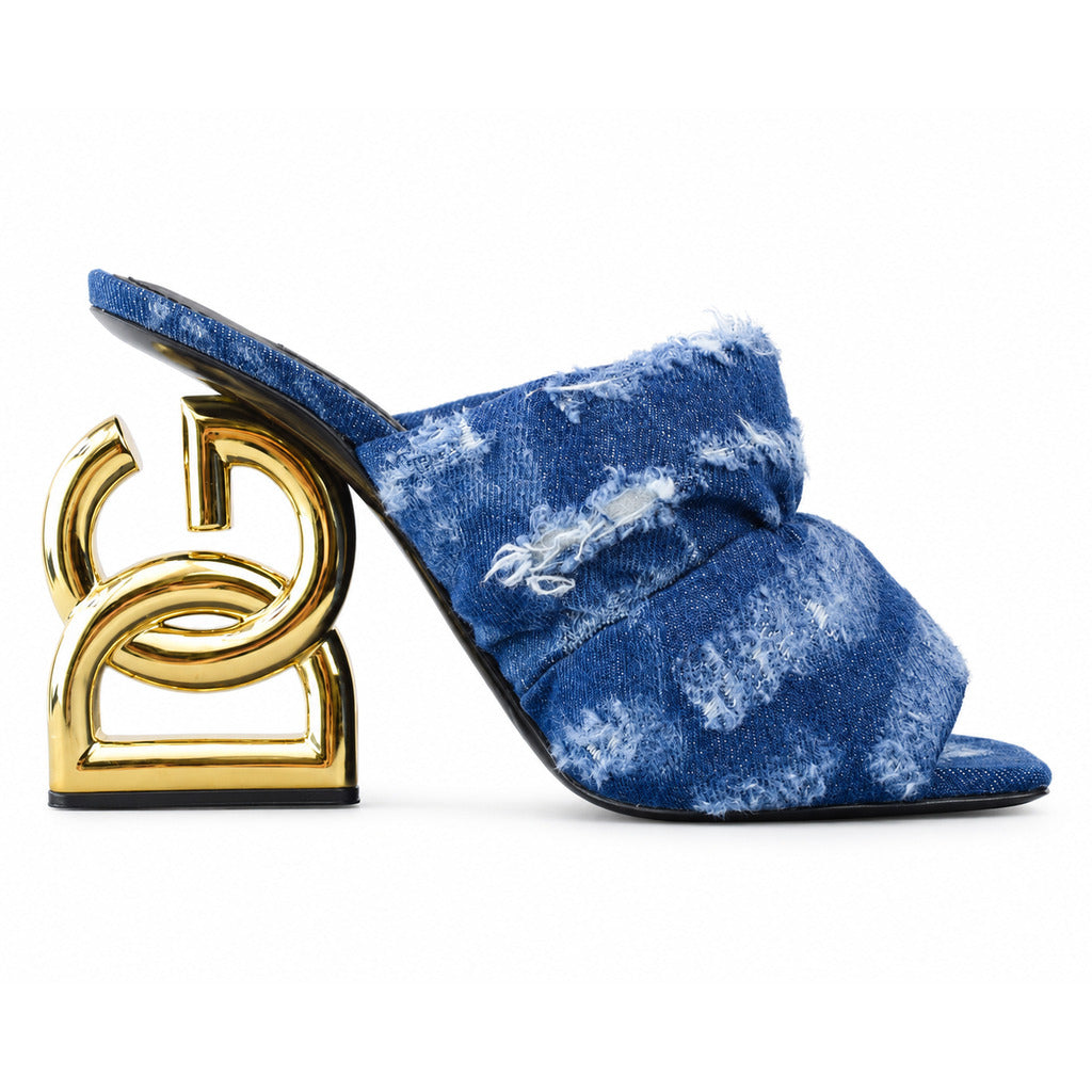Dolce & Gabbana – distressed blue denim heeled mule – side view with gold sculptural heel