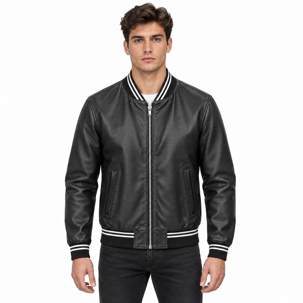 Dolce & Gabbana – black faux leather bomber jacket – worn by model, front view