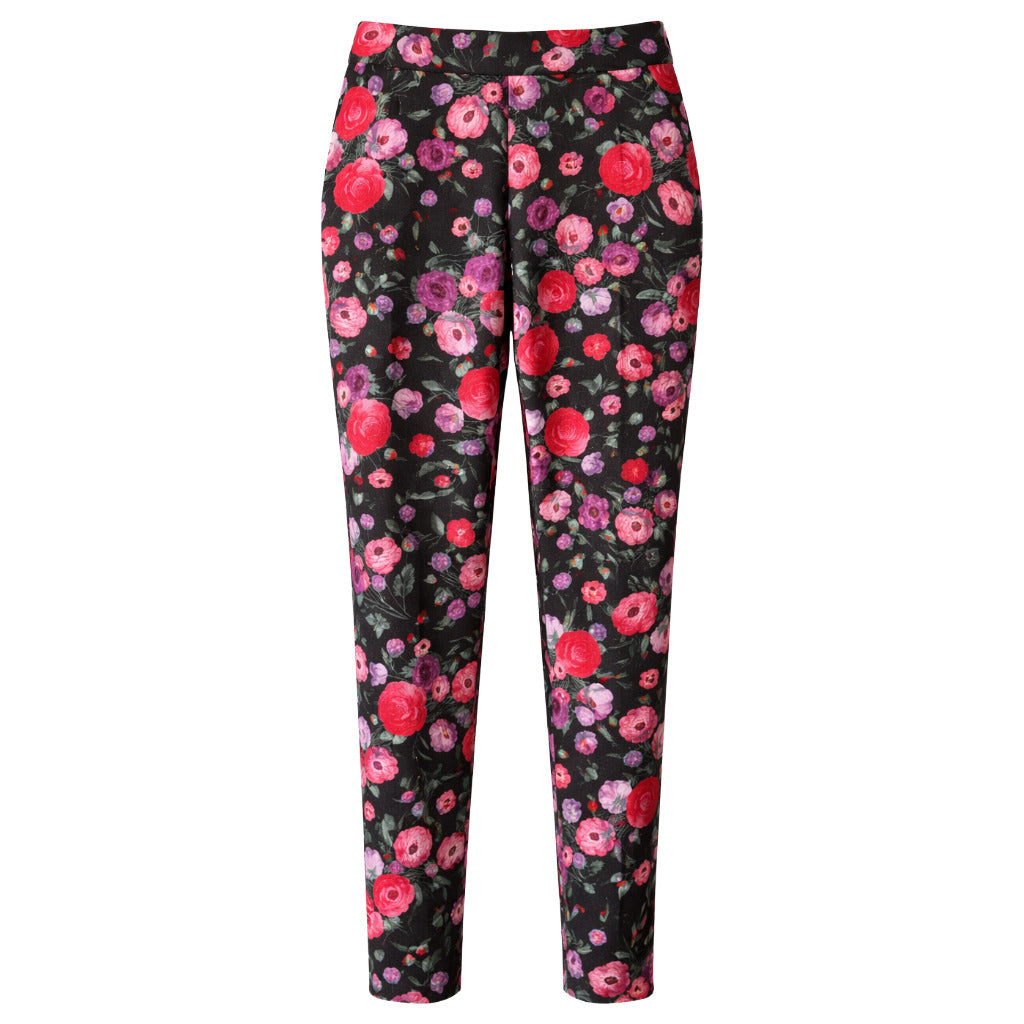 Elisabetta Franchi – black floral-print trousers – front packshot with pink and red flowers
