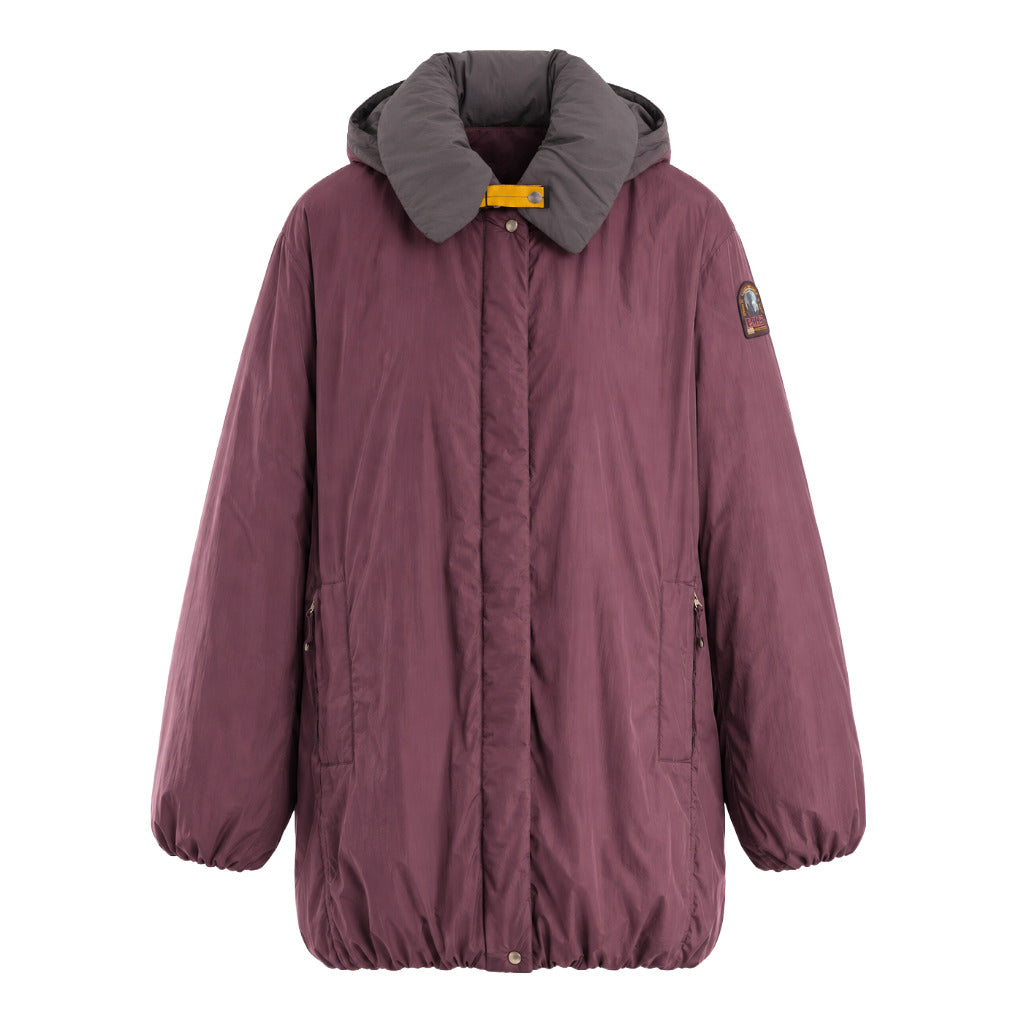 Parajumpers – Itsuki burgundy down jacket with hood – Front view with zip pockets and elasticated cuffs