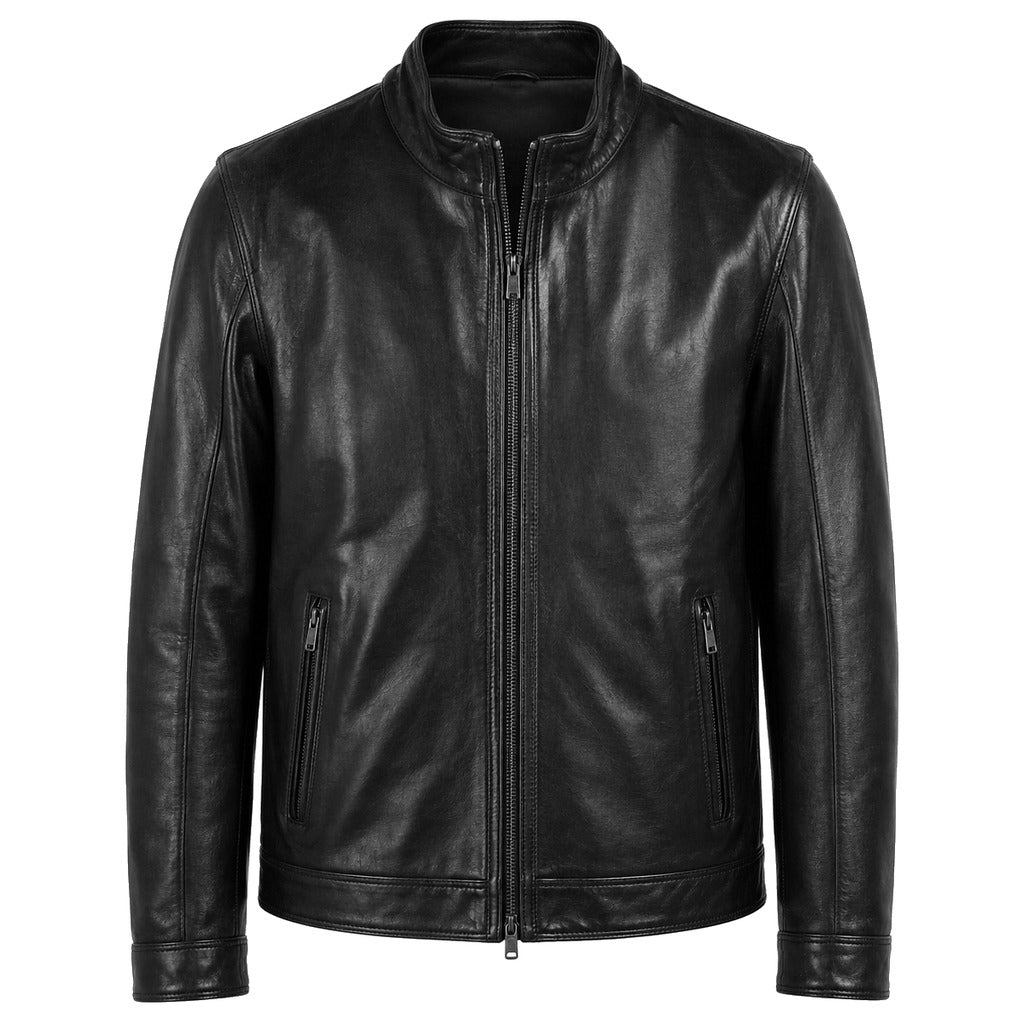 Emilio Romanelli – black calfskin jacket – front view with stand collar and zip pockets