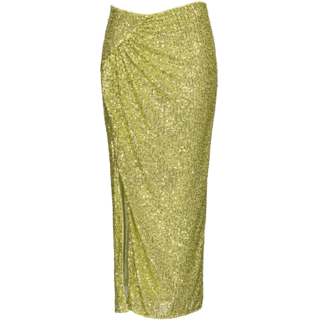 Pinko – green sequin skirt – front view with side slit on white background