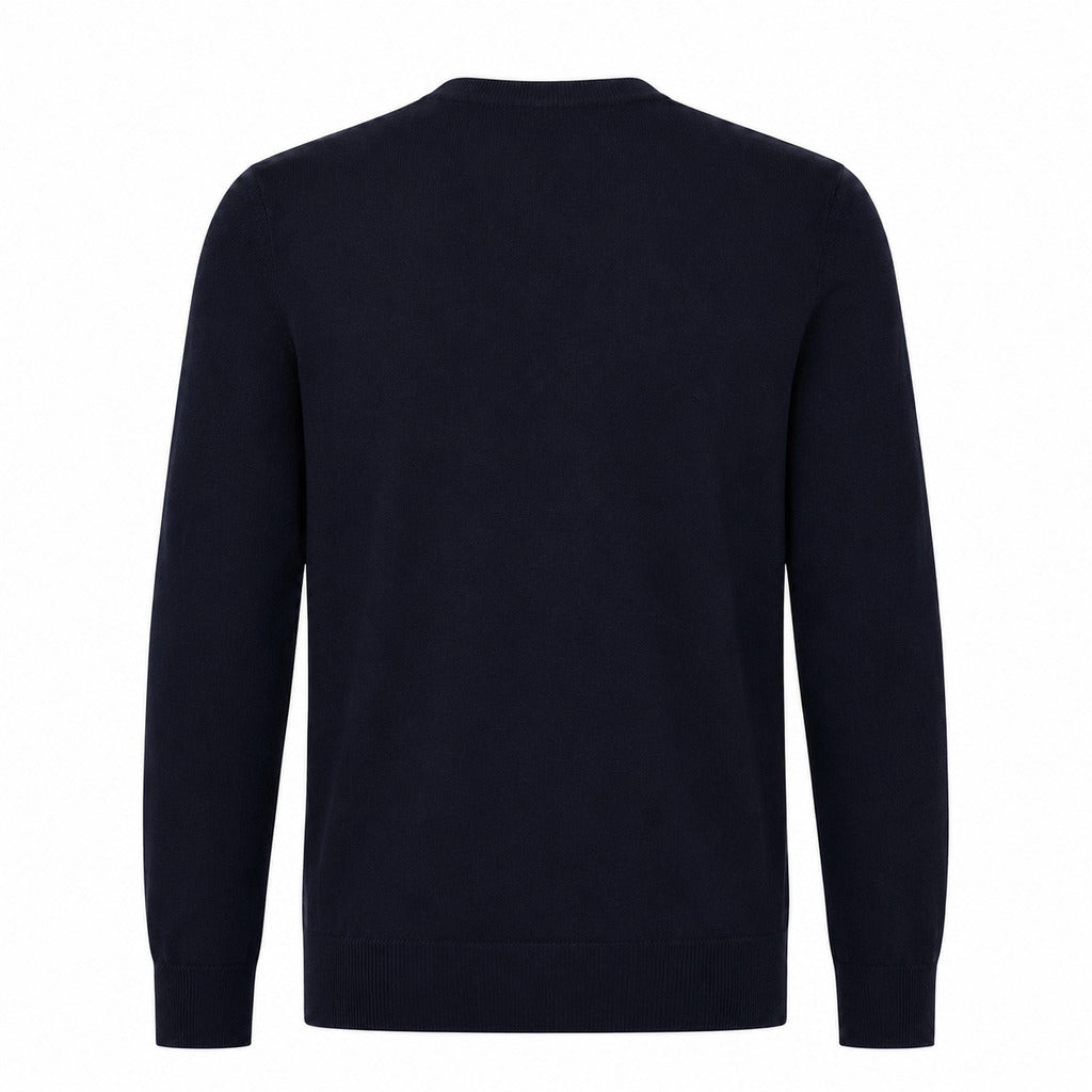Alpha Studio – navy merino wool crew-neck sweater – back packshot showing ribbed hem