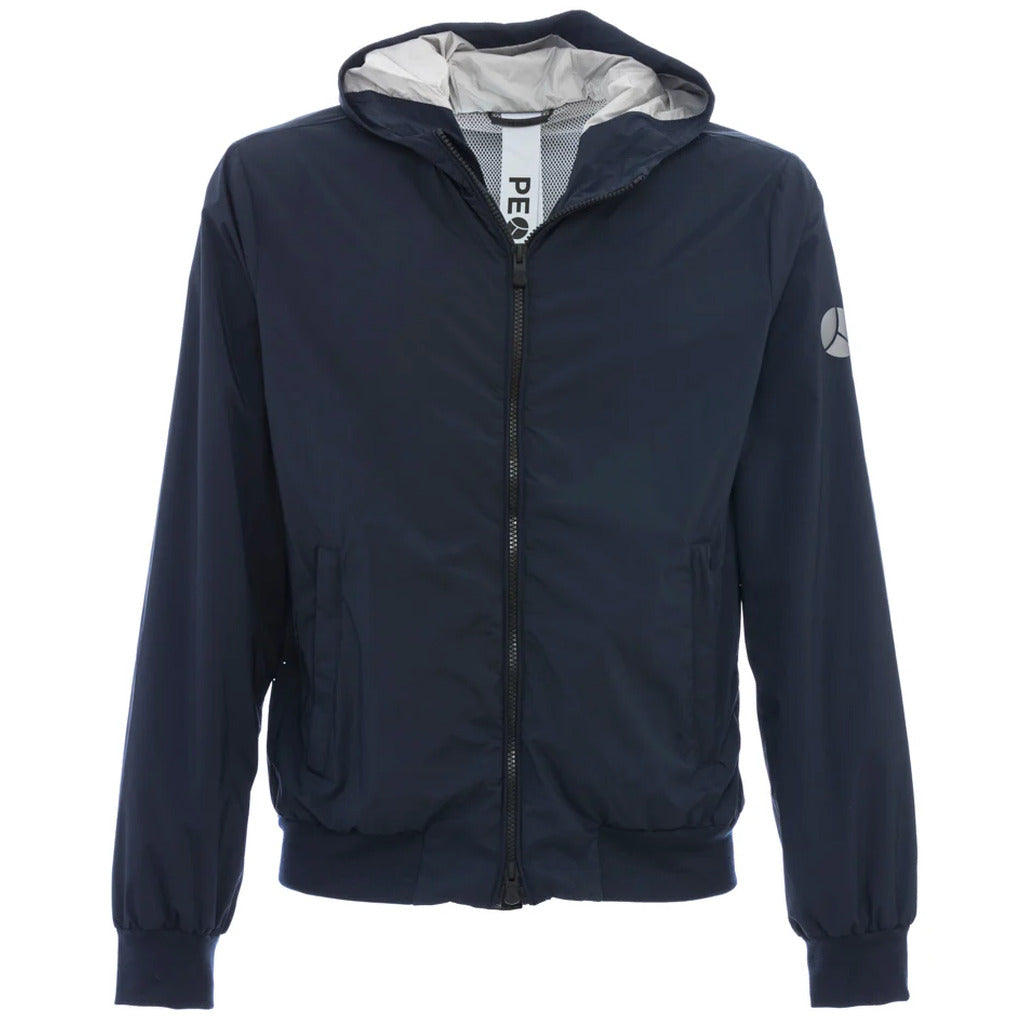 People Of Shibuya – Kaoru Jacket in Blue – front view with hood, zip and sleeve logo