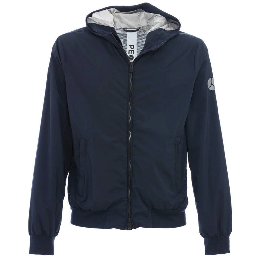 People Of Shibuya – Kaoru Jacket in Blue – front view with hood, zip and sleeve logo