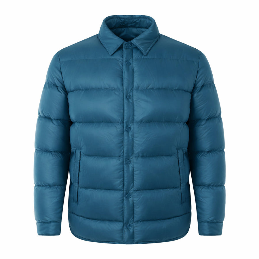 Herno – blue quilted down jacket – front view, laid flat with collar and button closure